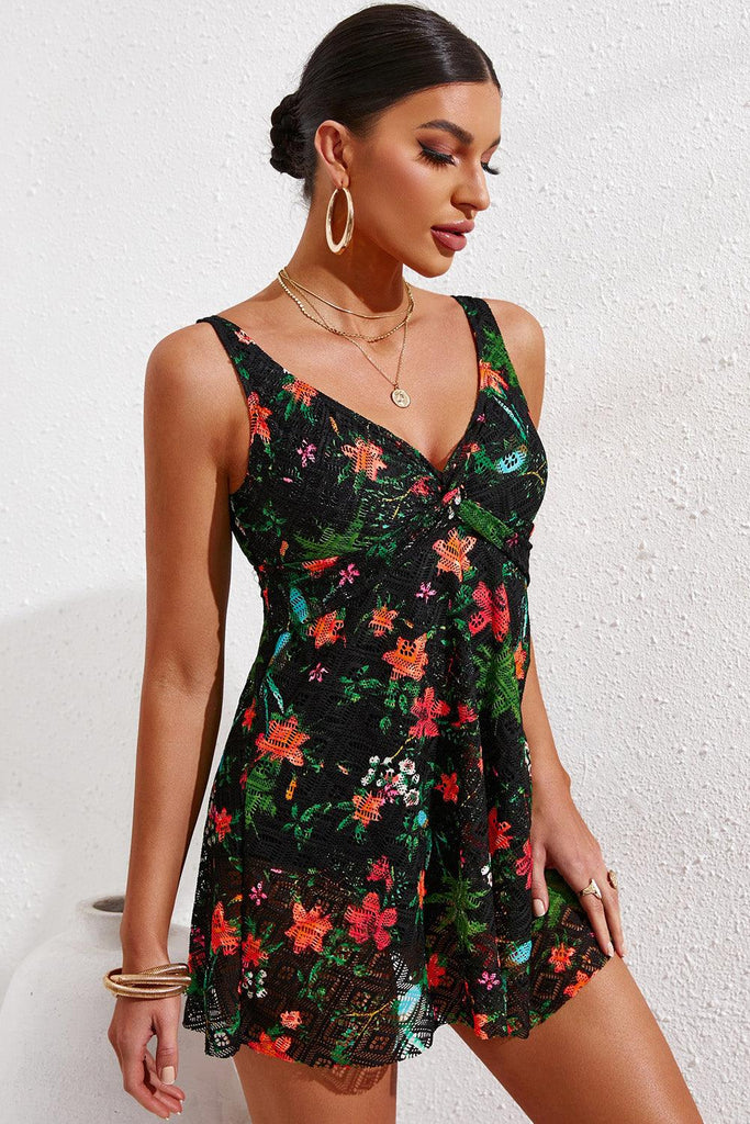 Twist Front Sleeveless Swim Dress - Tropical Daze