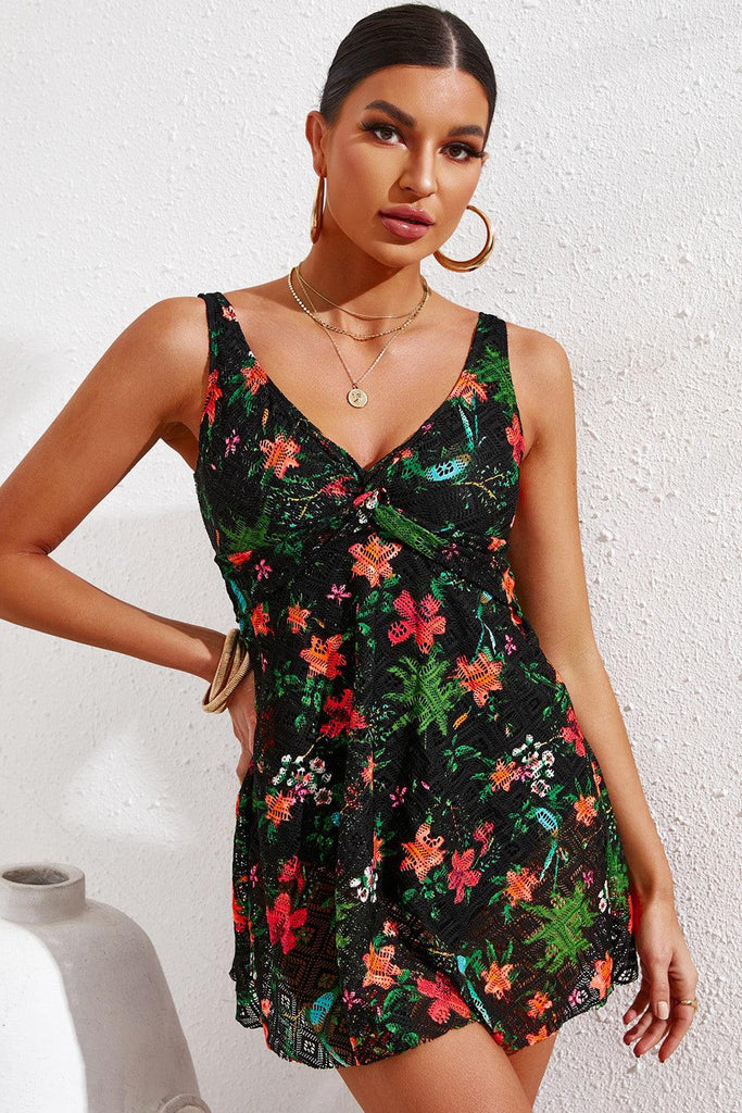 Twist Front Sleeveless Swim Dress - Tropical Daze