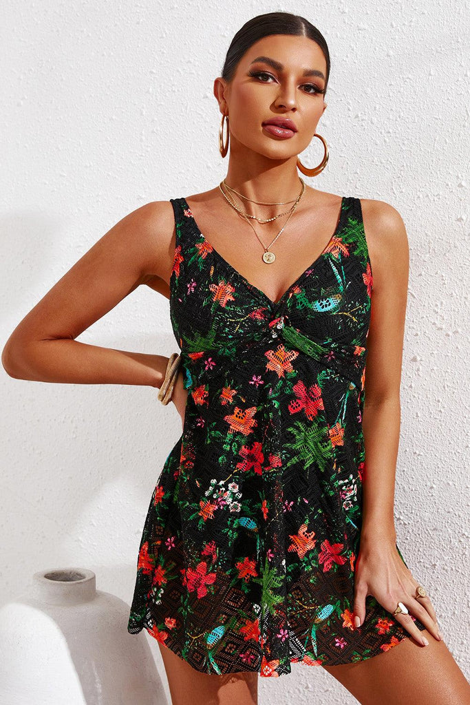 Twist Front Sleeveless Swim Dress - Tropical Daze