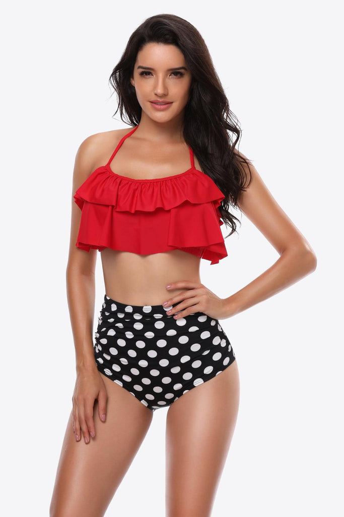 Two-Tone Ruffled Halter Neck Two-Piece Swimsuit - Tropical Daze