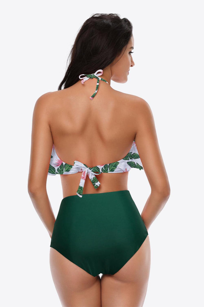 Two-Tone Ruffled Halter Neck Two-Piece Swimsuit - Tropical Daze