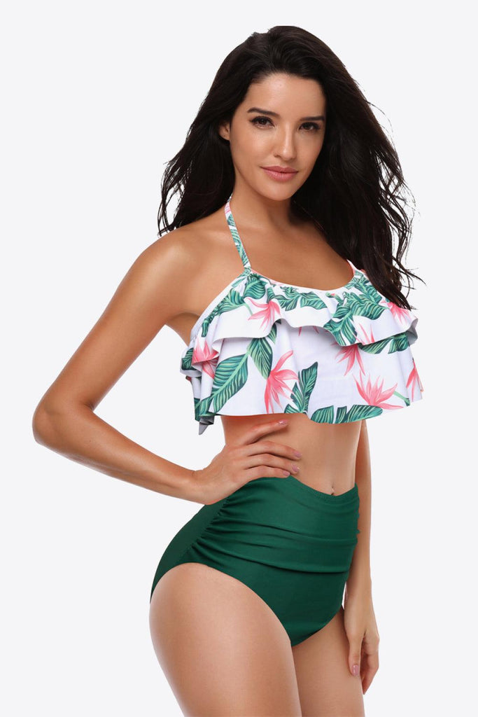 Two-Tone Ruffled Halter Neck Two-Piece Swimsuit - Tropical Daze