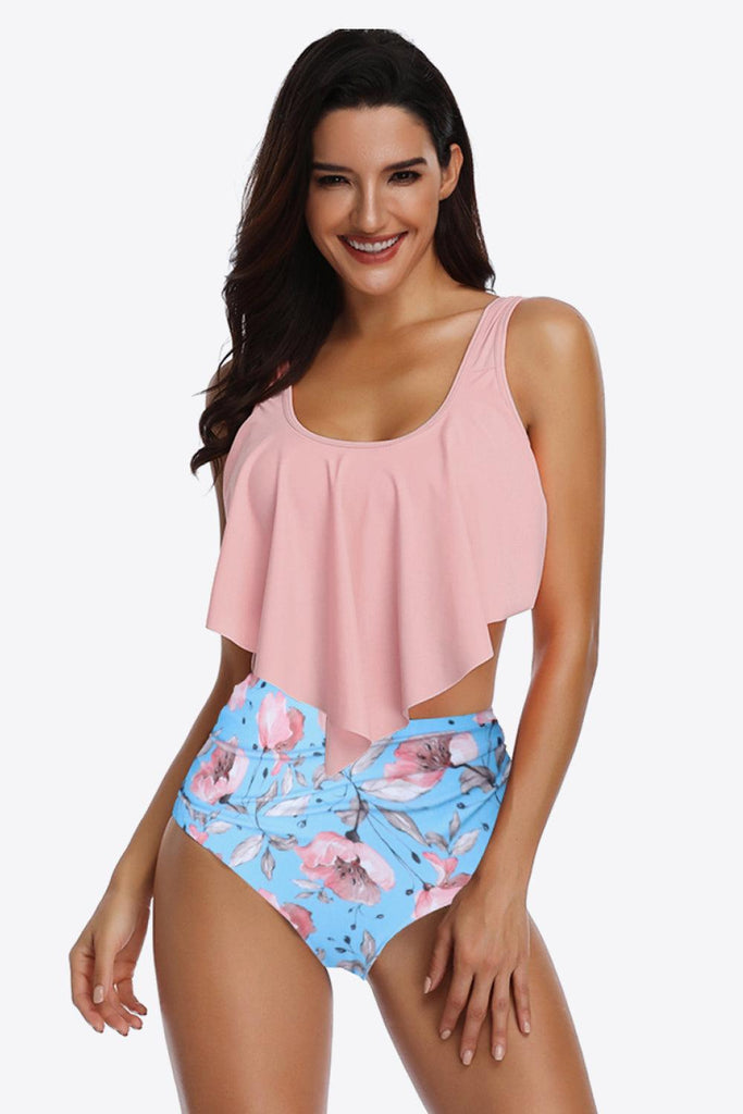 Two-Tone Ruffled Two-Piece Swimsuit - Tropical Daze
