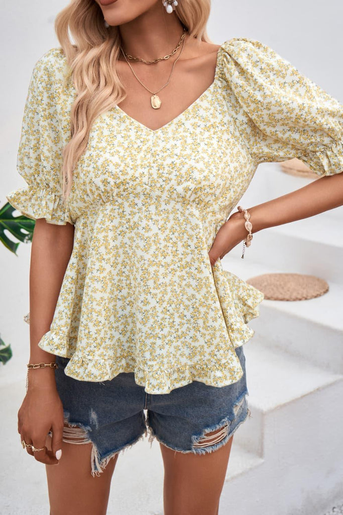 V-Neck Flounce Sleeve Blouse - Tropical Daze