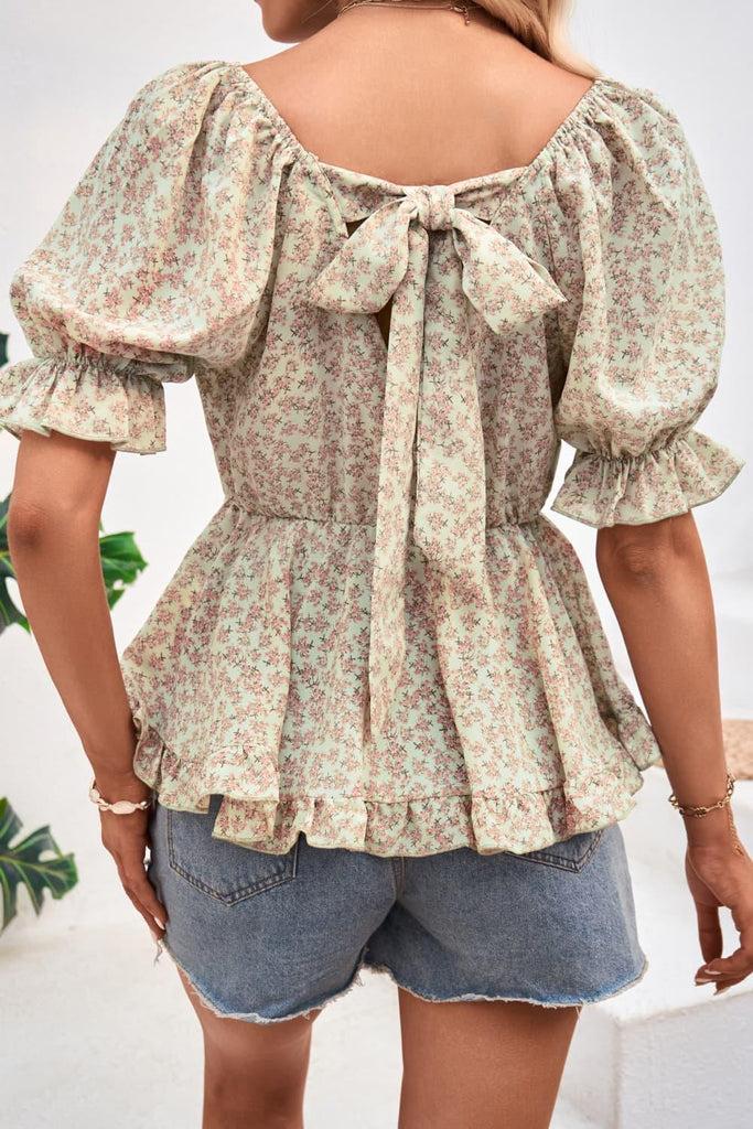 V-Neck Flounce Sleeve Blouse - Tropical Daze