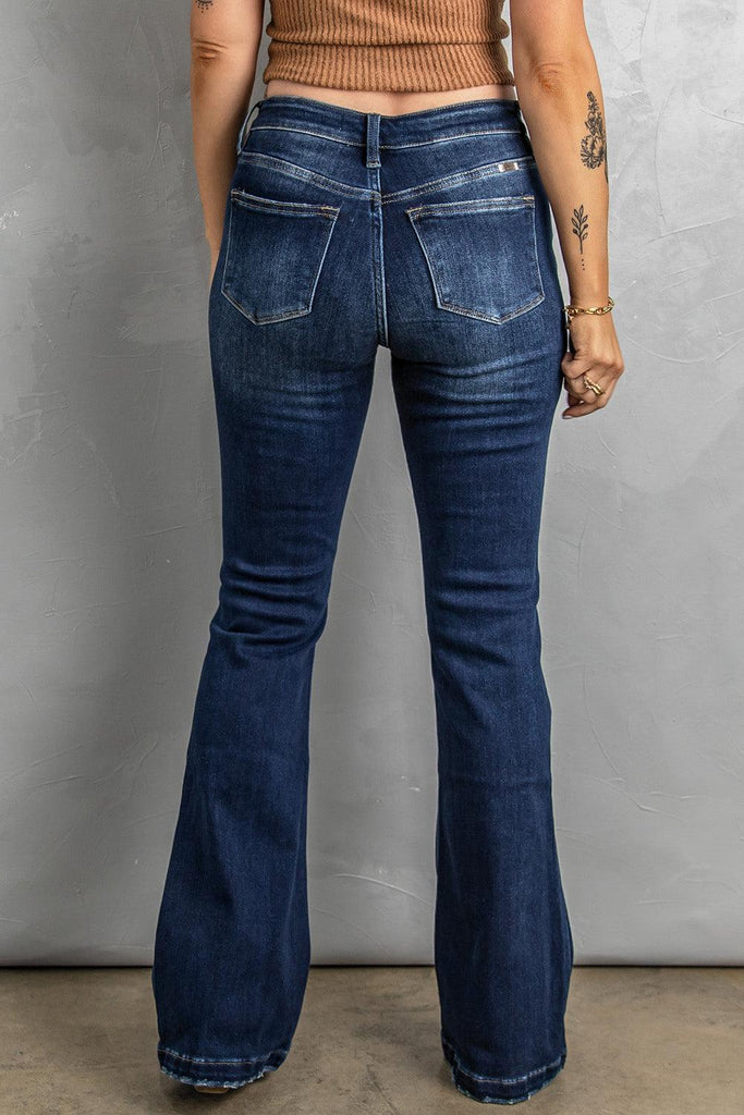 Button Fly Distressed Bootcut Jeans - Tropical Daze