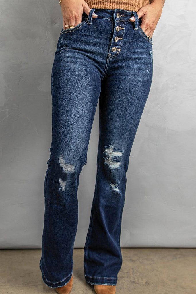 Button Fly Distressed Bootcut Jeans - Tropical Daze