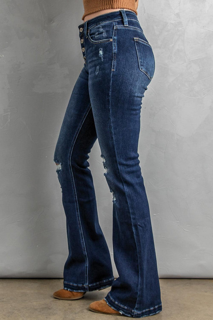 Button Fly Distressed Bootcut Jeans - Tropical Daze