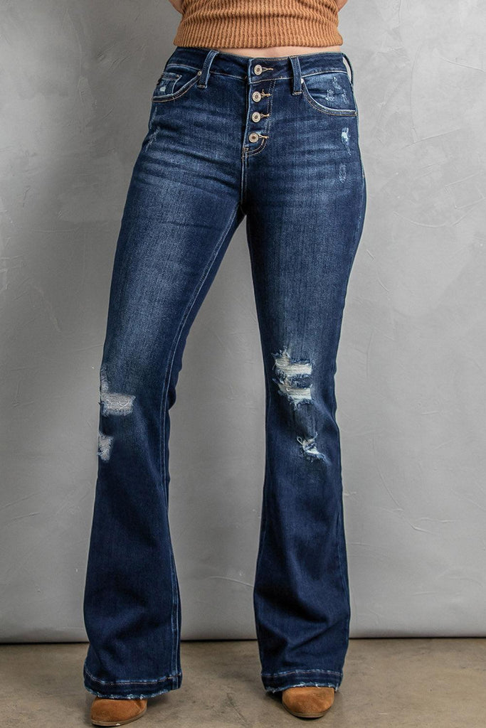 Button Fly Distressed Bootcut Jeans - Tropical Daze