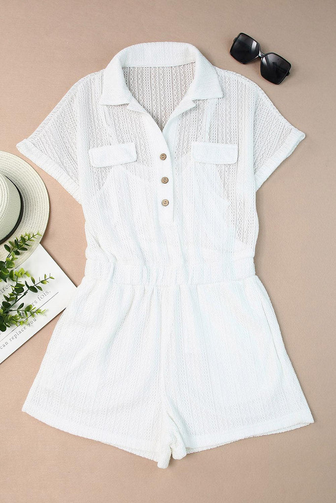 Collared Short Sleeve Romper with Pockets - Tropical Daze