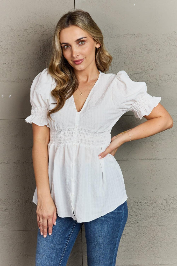 Culture Code Sweet Serenity V-Neck Puff Sleeve Button Down Top - Tropical Daze