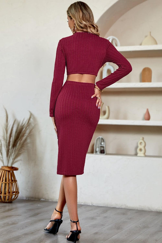 Cutout Crisscross Round Neck Long Sleeve Dress - Tropical Daze