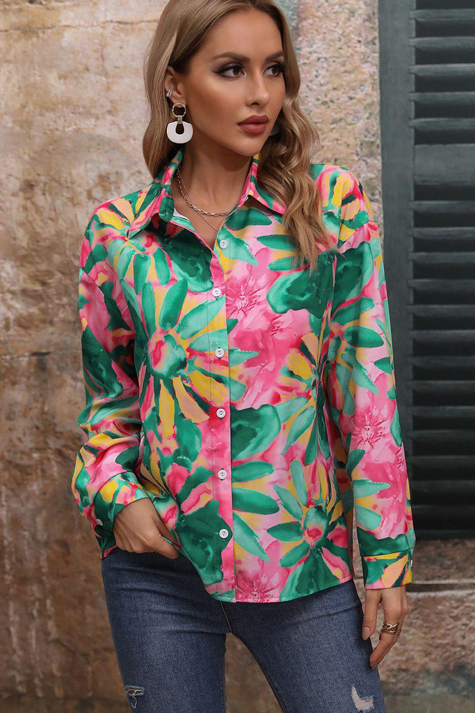 Floral Print Collared Neck Long Sleeve Shirt - Tropical Daze