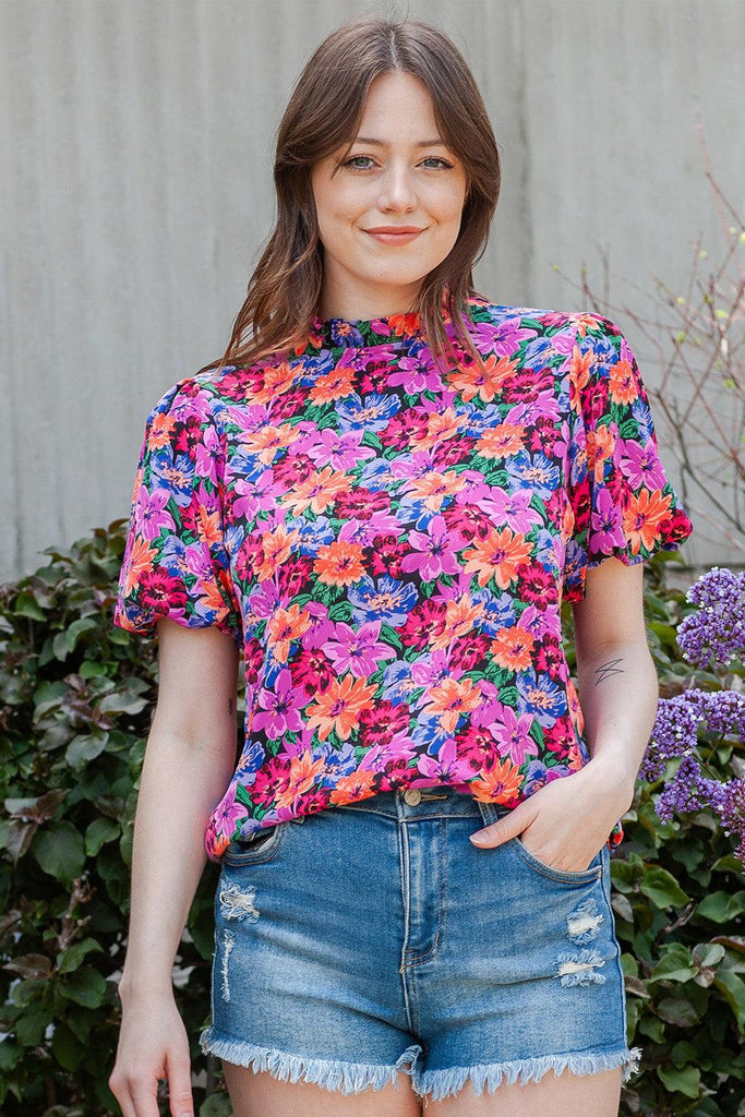 Floral Print Puff Sleeve Round Neck Blouse - Tropical Daze