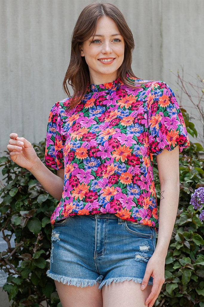 Floral Print Puff Sleeve Round Neck Blouse - Tropical Daze