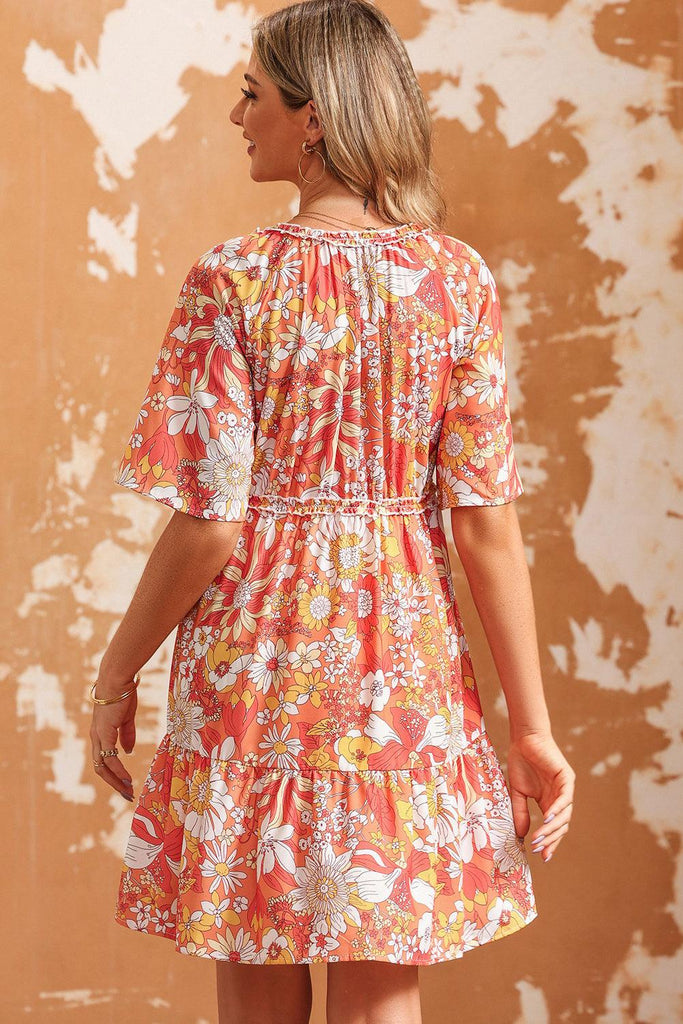 Floral Print V-Neck Short Sleeve Frill Trim Mini Dress - Tropical Daze