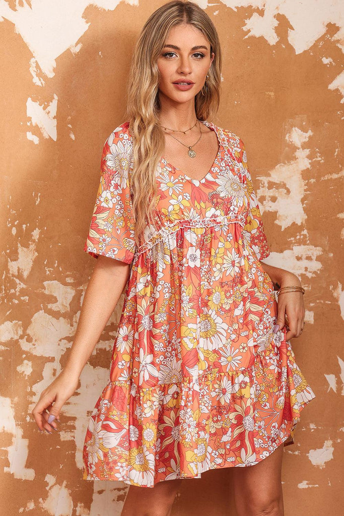 Floral Print V-Neck Short Sleeve Frill Trim Mini Dress - Tropical Daze