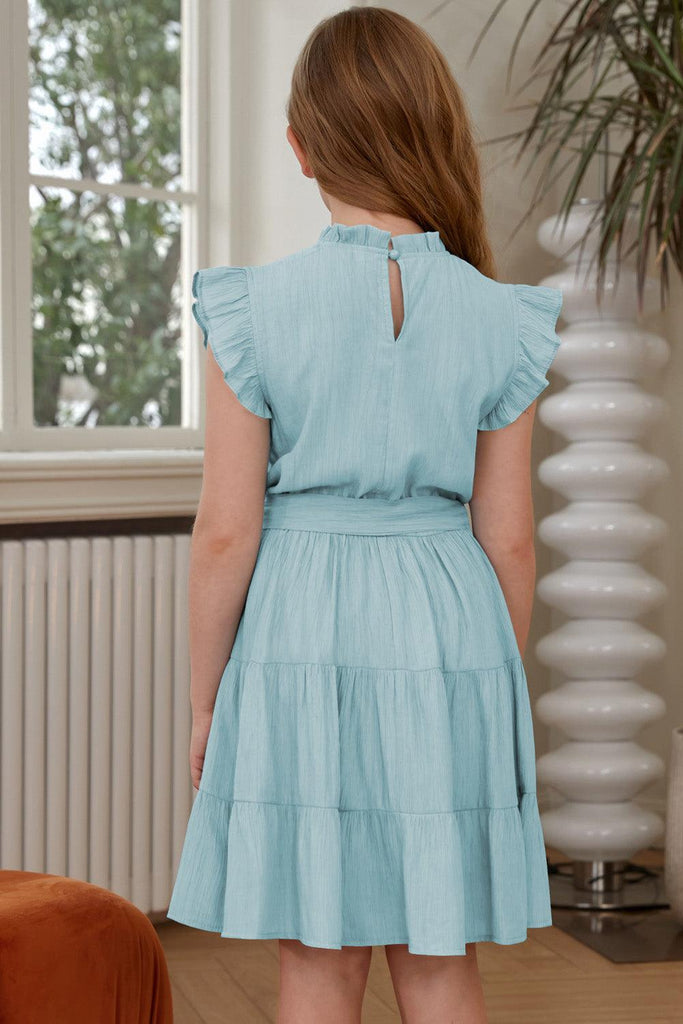 Frill Trim Tie Belt Tiered Dress in Pastel Blue - Tropical Daze