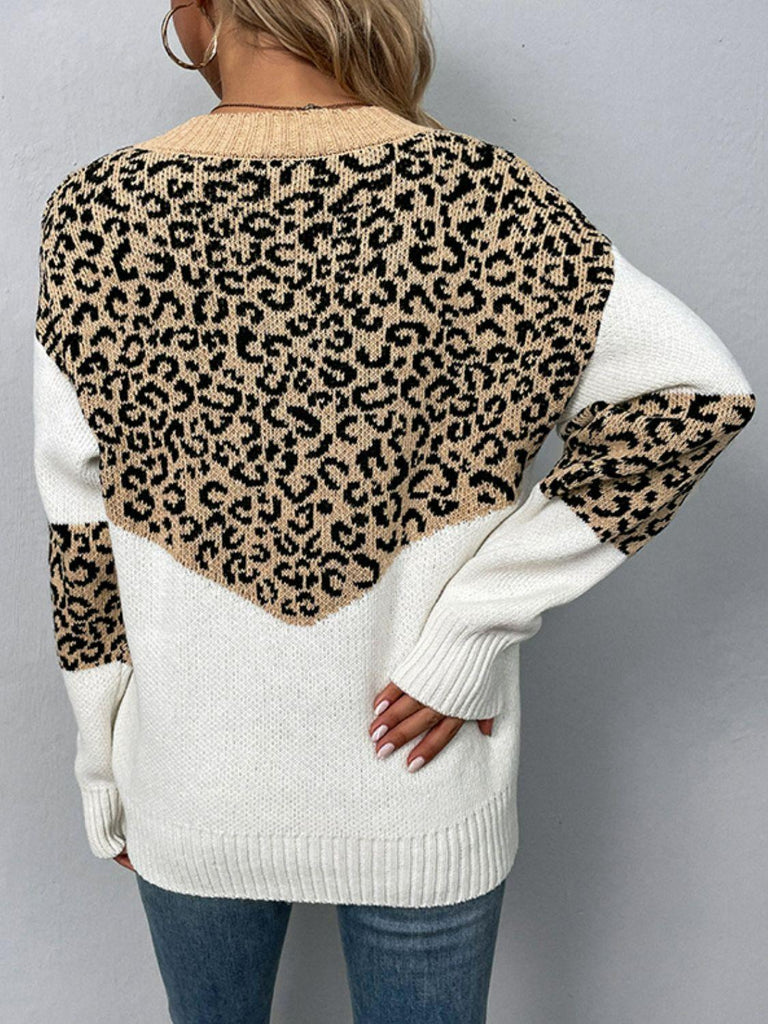 Leopard V-Neck Dropped Shoulder Sweater - Tropical Daze