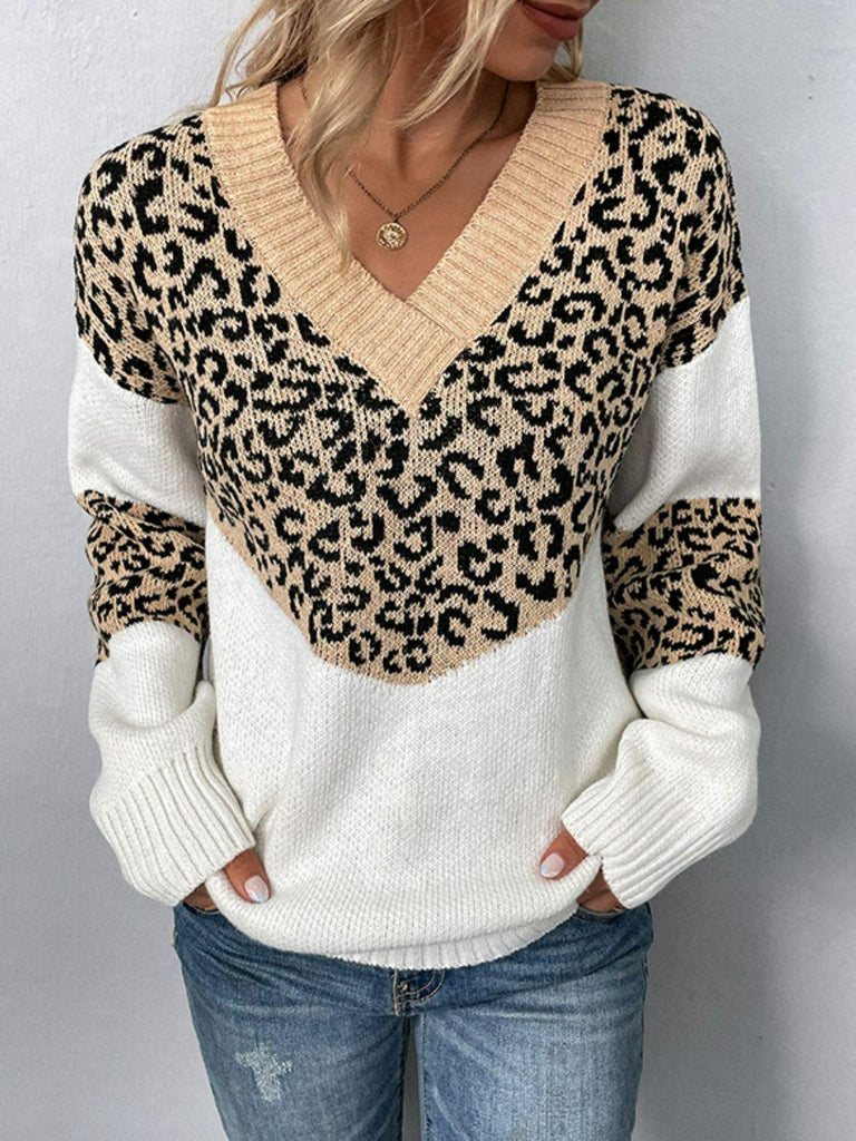 Leopard V-Neck Dropped Shoulder Sweater - Tropical Daze