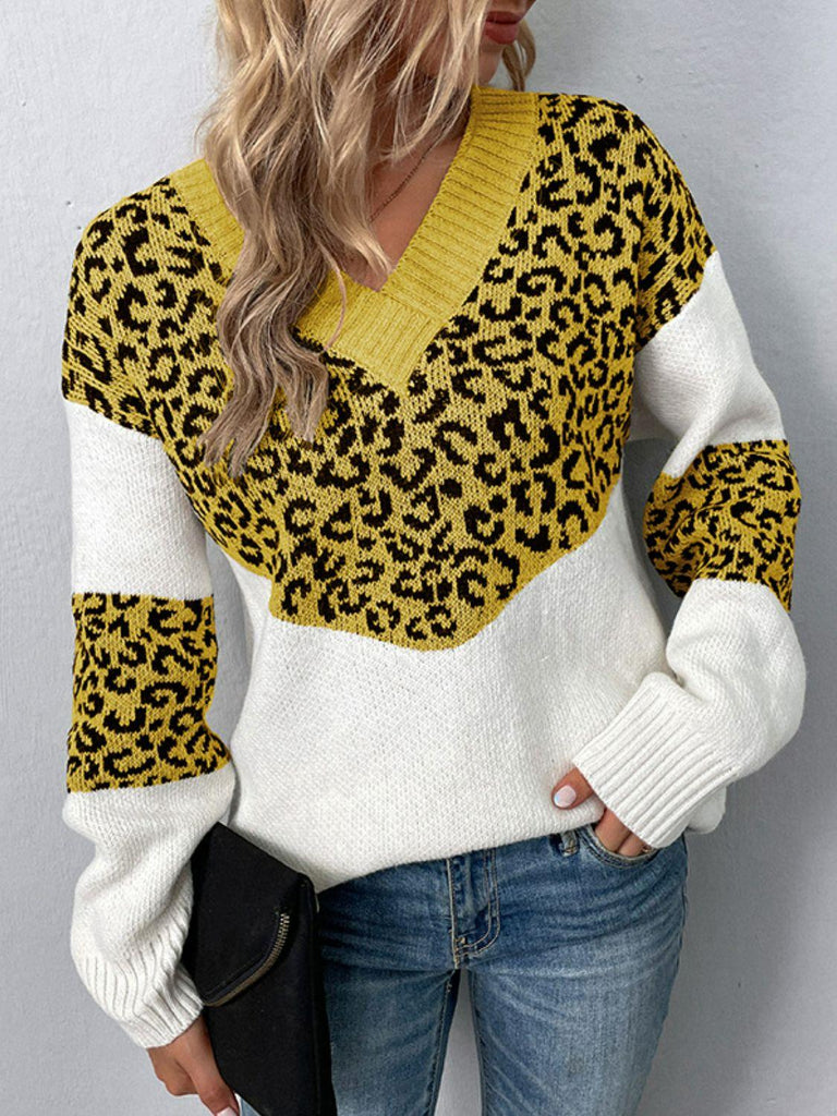 Leopard V-Neck Dropped Shoulder Sweater - Tropical Daze