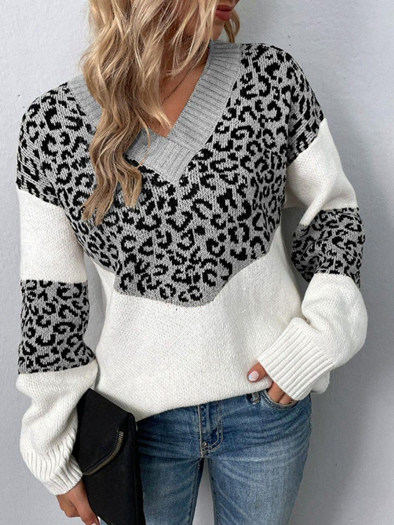 Leopard V-Neck Dropped Shoulder Sweater - Tropical Daze