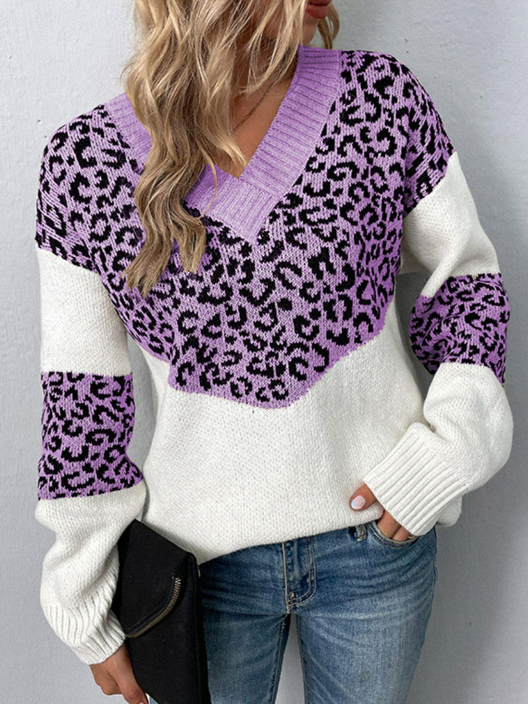 Leopard V-Neck Dropped Shoulder Sweater - Tropical Daze