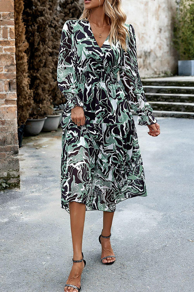 Printed Surplice Neck Flounce Sleeve Midi Dress - Tropical Daze