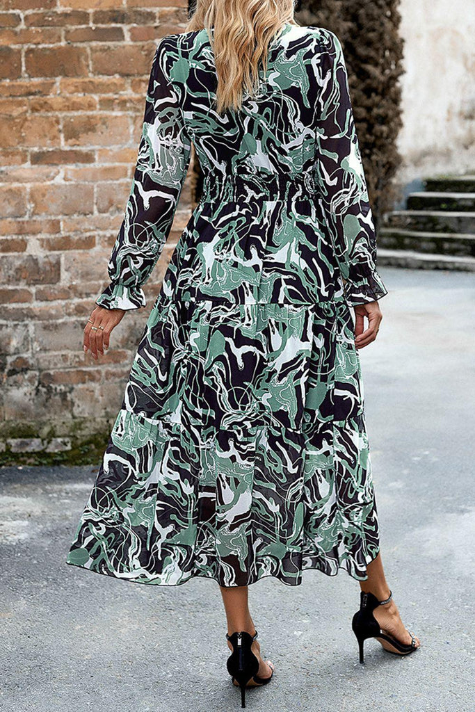 Printed Surplice Neck Flounce Sleeve Midi Dress - Tropical Daze