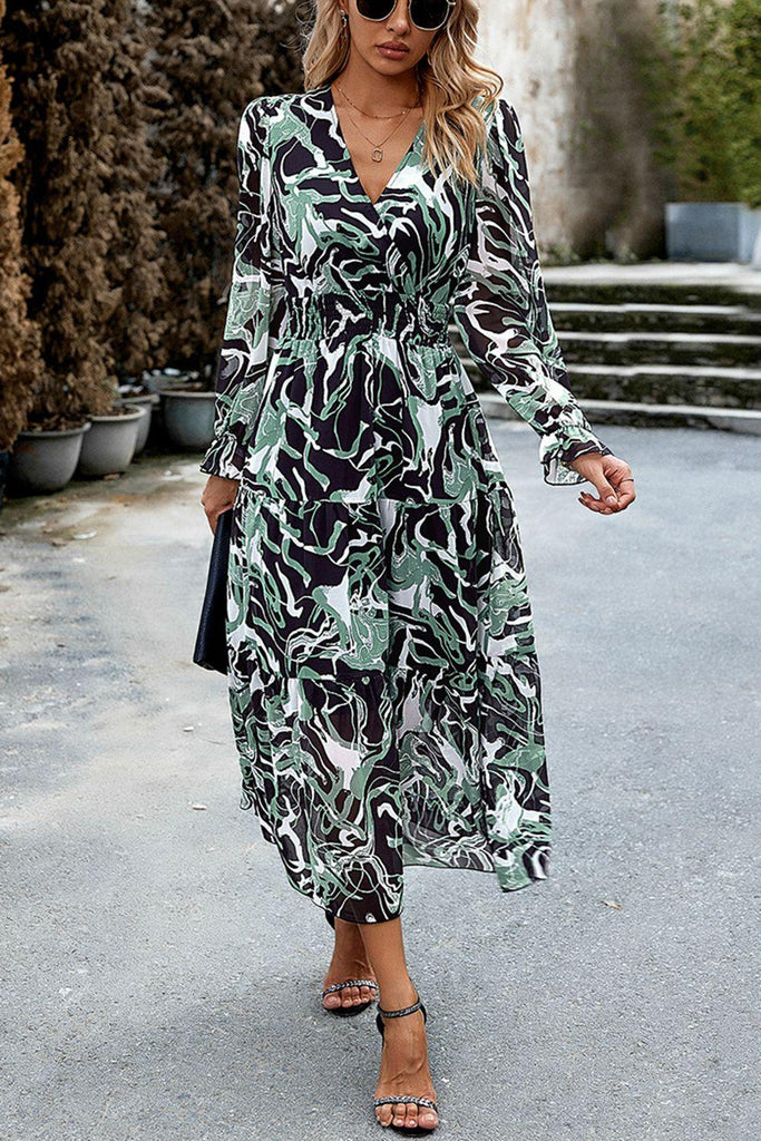 Printed Surplice Neck Flounce Sleeve Midi Dress - Tropical Daze