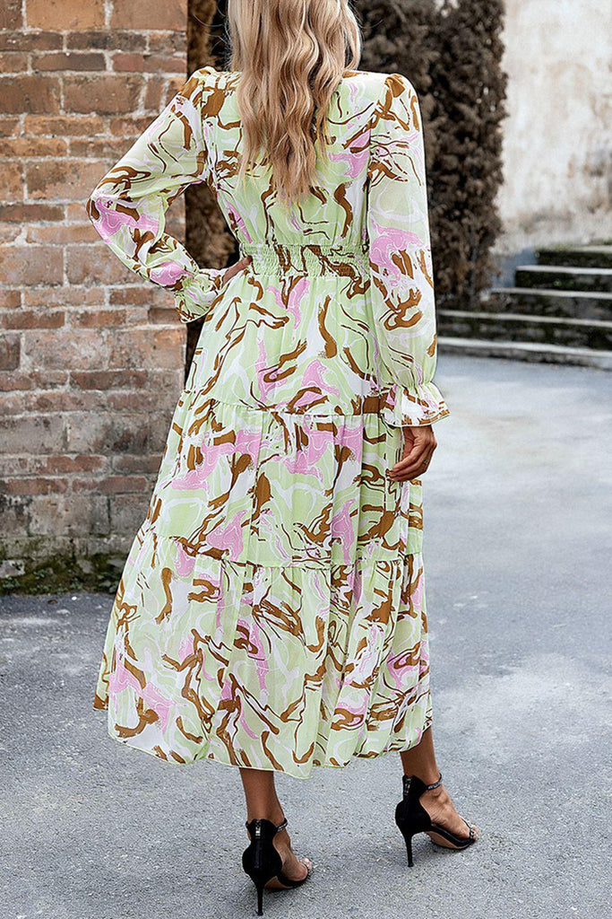 Printed Surplice Neck Flounce Sleeve Midi Dress - Tropical Daze