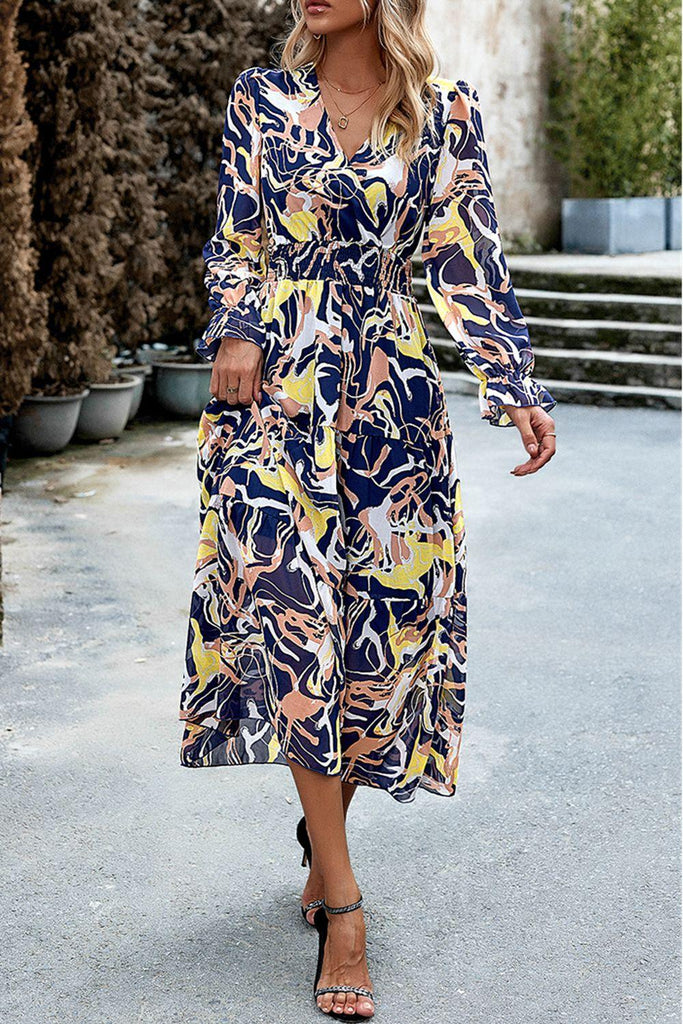 Printed Surplice Neck Flounce Sleeve Midi Dress - Tropical Daze