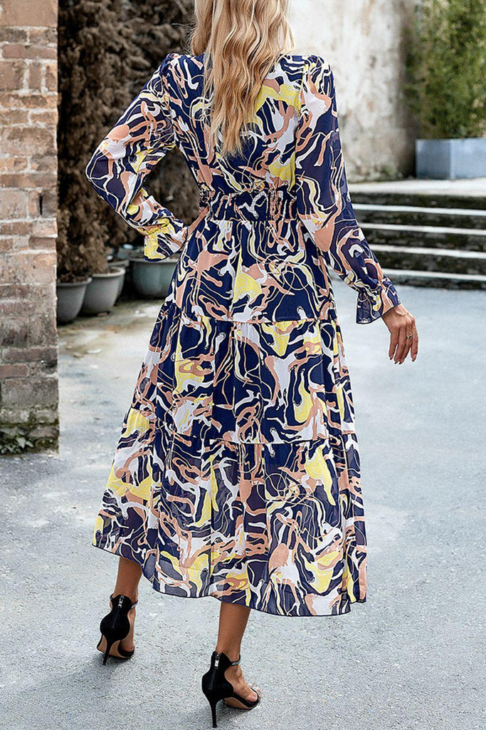 Printed Surplice Neck Flounce Sleeve Midi Dress - Tropical Daze