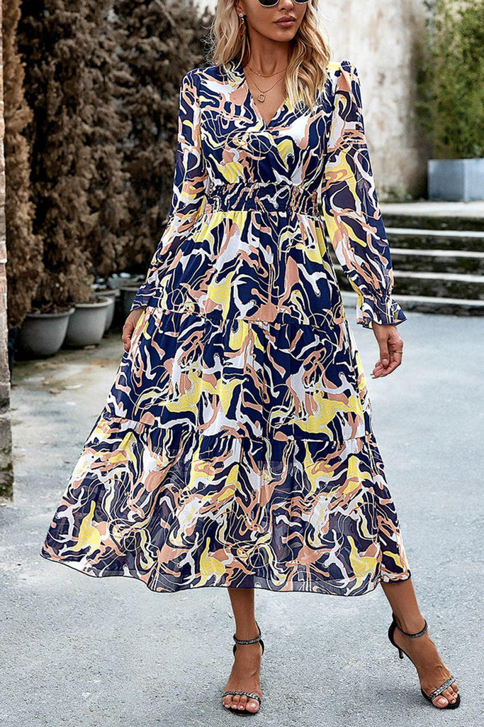 Printed Surplice Neck Flounce Sleeve Midi Dress - Tropical Daze