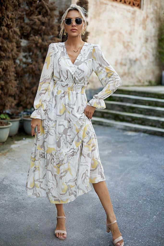 Printed Surplice Neck Flounce Sleeve Midi Dress - Tropical Daze