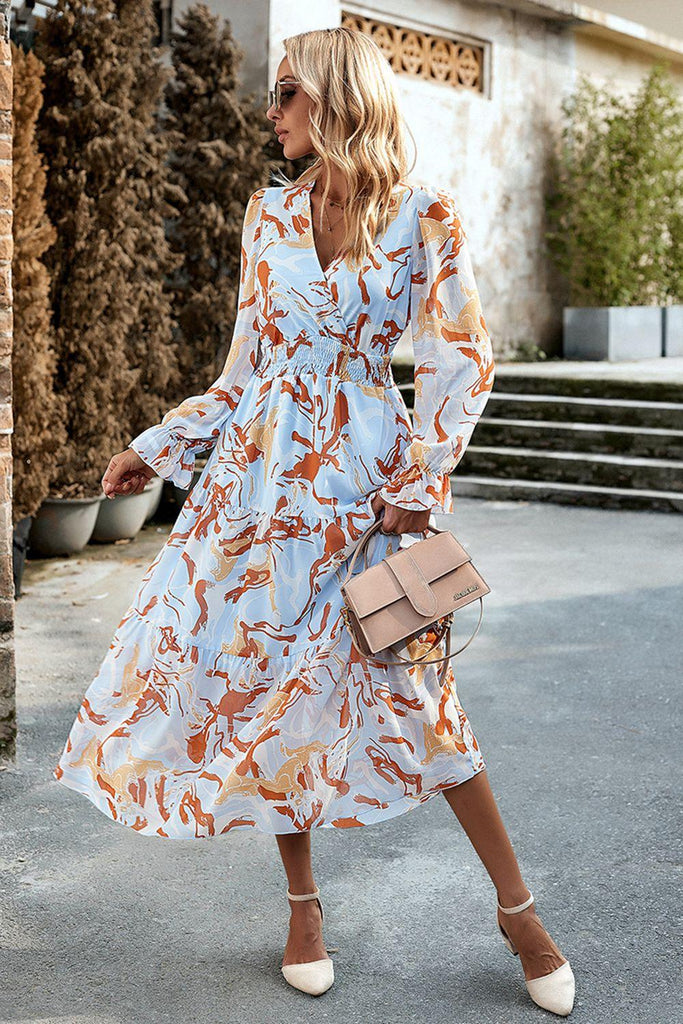 Printed Surplice Neck Flounce Sleeve Midi Dress - Tropical Daze