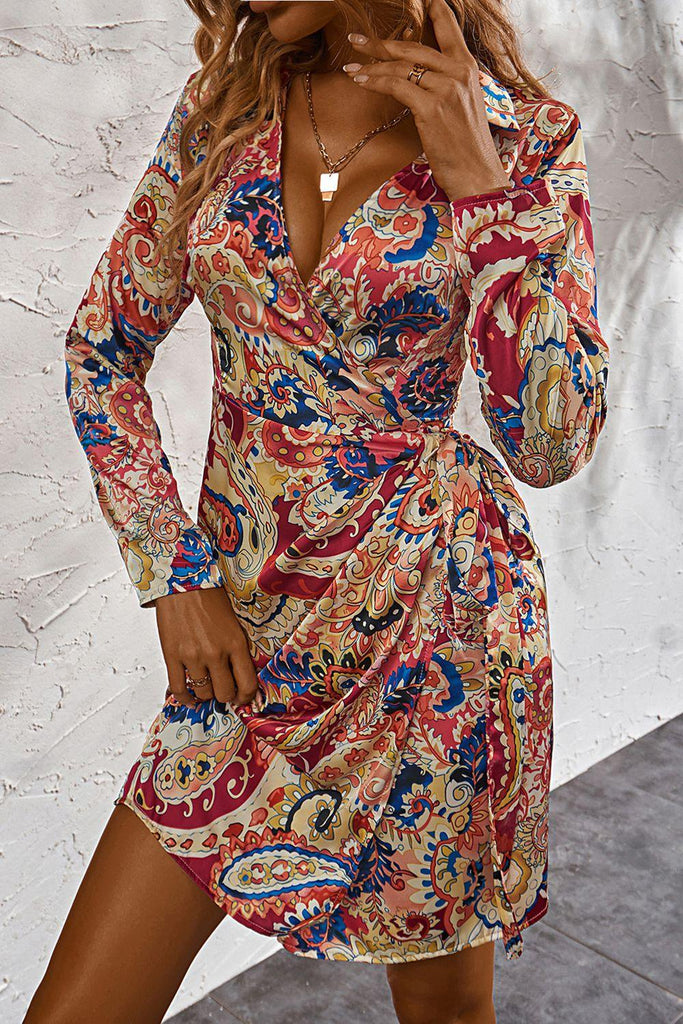 Printed Surplice Neck Long Sleeve Mini Dress - Tropical Daze