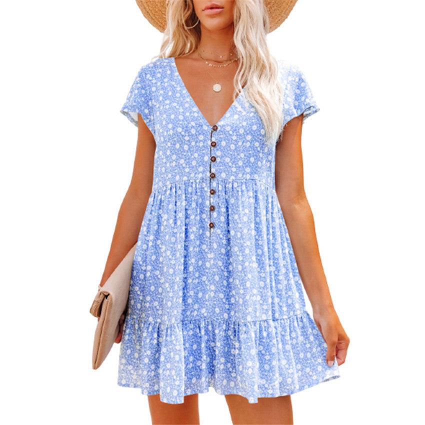 Printed V-Neck Buttoned Short Sleeve Mini Dress - Tropical Daze