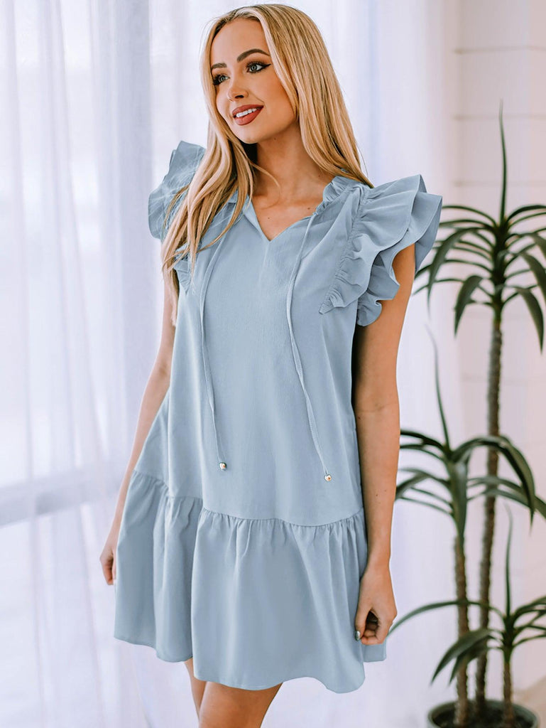 Ruffle Shoulder Tie-Neck Tiered Dress - Tropical Daze