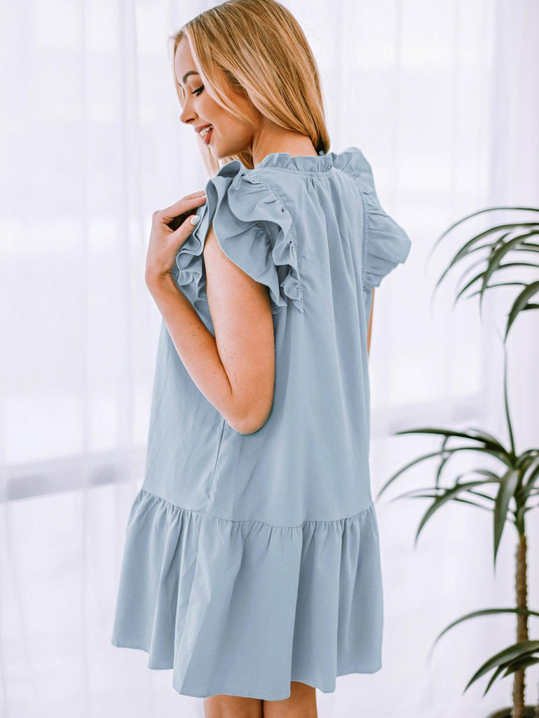 Ruffle Shoulder Tie-Neck Tiered Dress - Tropical Daze