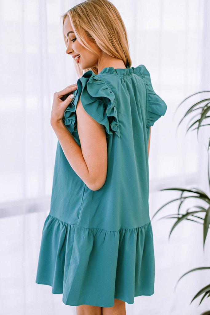 Ruffle Shoulder Tie-Neck Tiered Dress - Tropical Daze