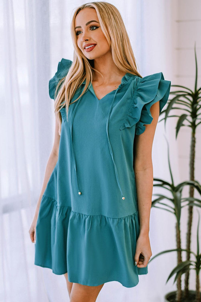 Ruffle Shoulder Tie-Neck Tiered Dress - Tropical Daze