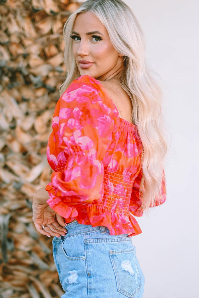 Ruffle Trim Flounce Sleeve Smocked Blouse - Tropical Daze