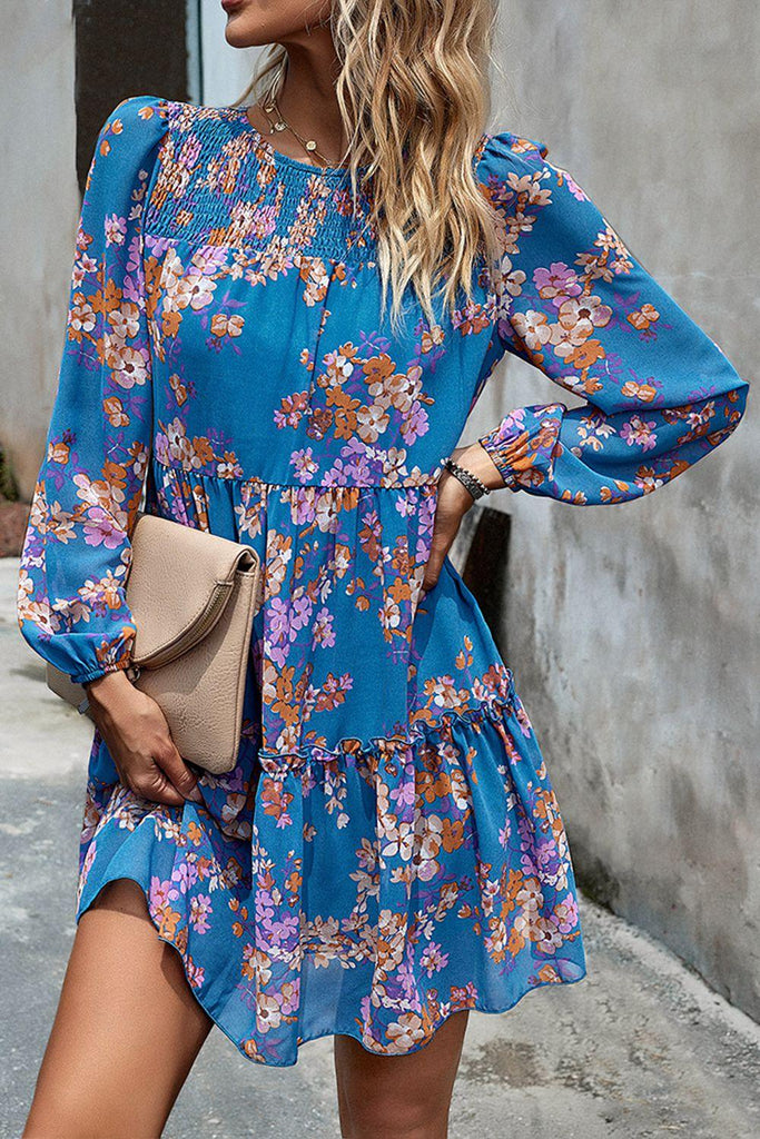 Smocked Floral Print Long Sleeve Mini Dress - Tropical Daze