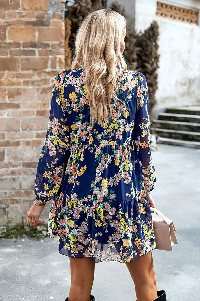 Smocked Floral Print Long Sleeve Mini Dress - Tropical Daze