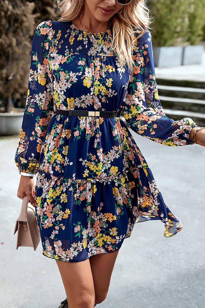 Smocked Floral Print Long Sleeve Mini Dress - Tropical Daze