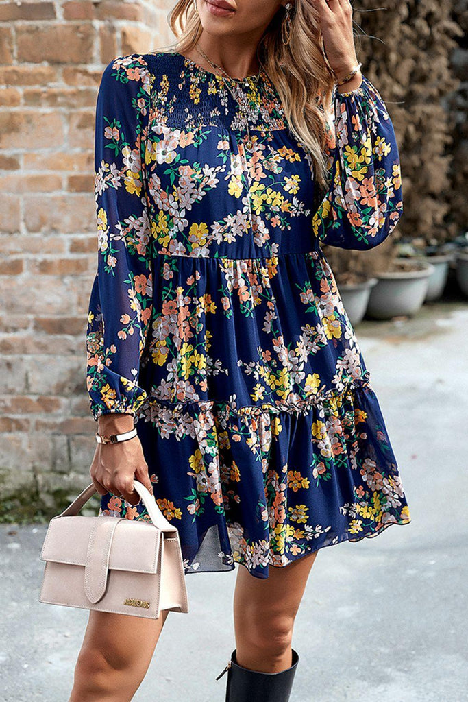 Smocked Floral Print Long Sleeve Mini Dress - Tropical Daze