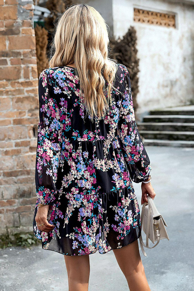 Smocked Floral Print Long Sleeve Mini Dress - Tropical Daze