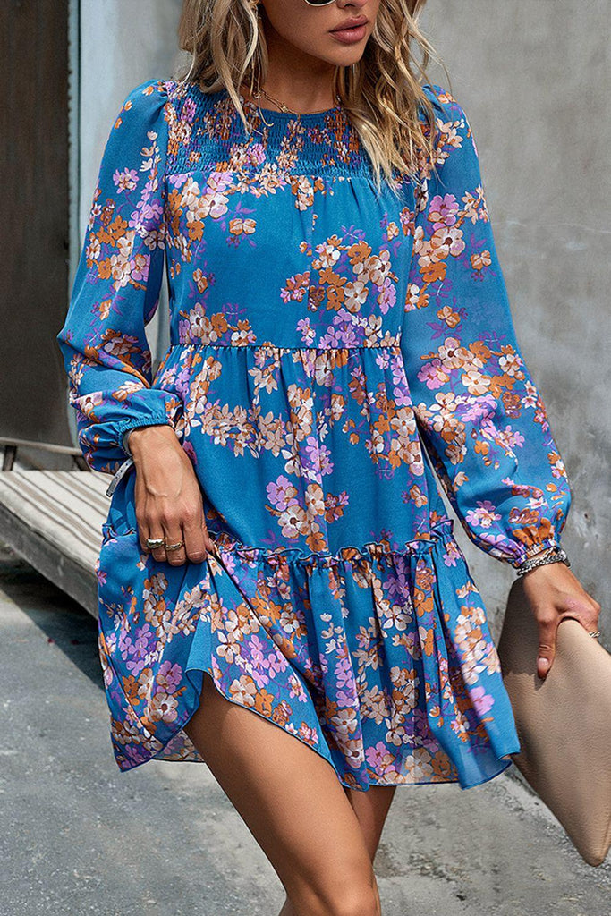 Smocked Floral Print Long Sleeve Mini Dress - Tropical Daze