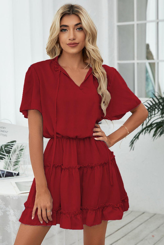 Tie Neck Frill Trim Short Sleeve Mini Dress - Tropical Daze